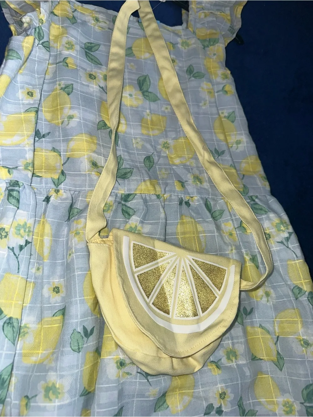 Draper James Girls Dress Blue Yellow Lemon Print Flutter Sleeves Sz 10 NWT purse